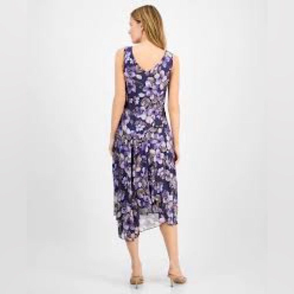 Connected Apparel Purple Floral Asymmetrical Midi Dress - Picture 2 of 9